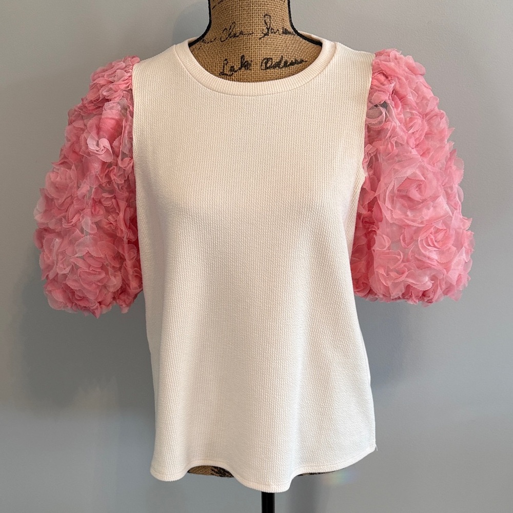 Entro Creme Ribbed Top with Sheer Rose Puff Sleeves, Small